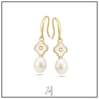 Oorbellen met zoetwaterparel en klaver in Mother of pearl, verguld
