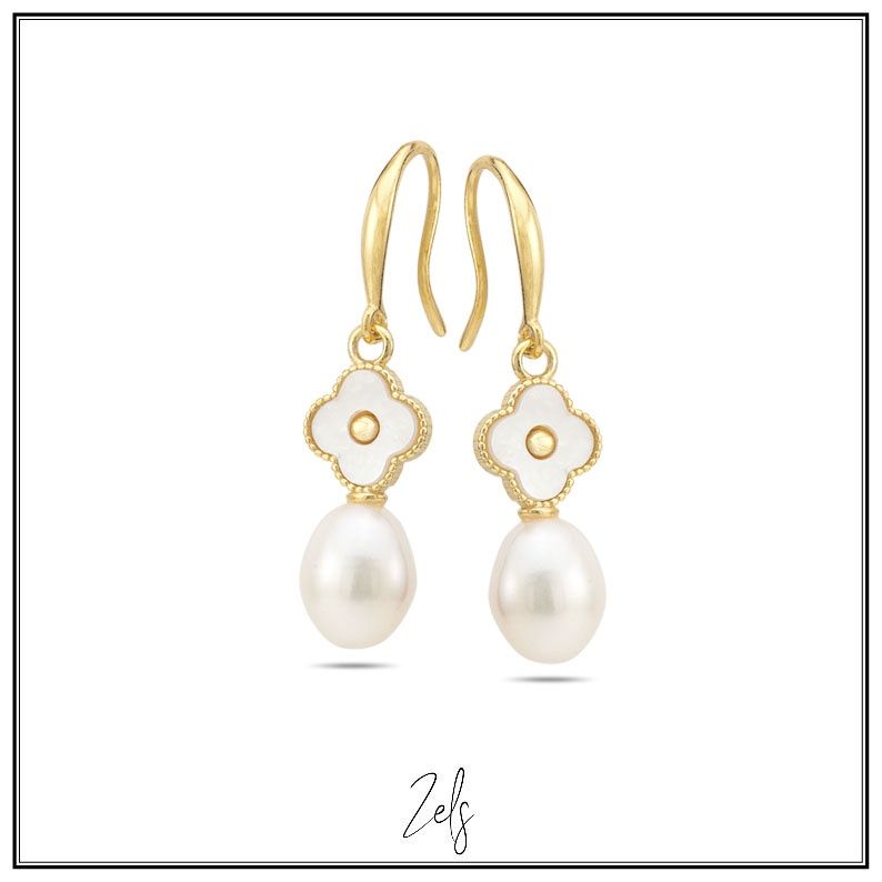 Oorbellen met zoetwaterparel en klaver in Mother of pearl, verguld