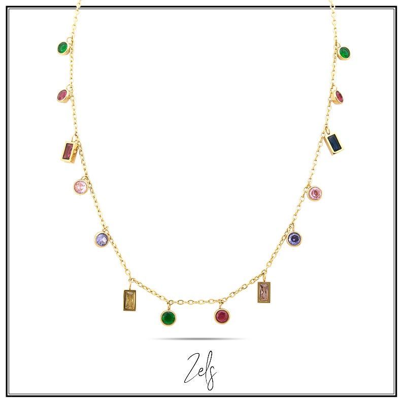 Ketting met speelse kleurrijke hangertjes en verschillende vormen, goudkleur