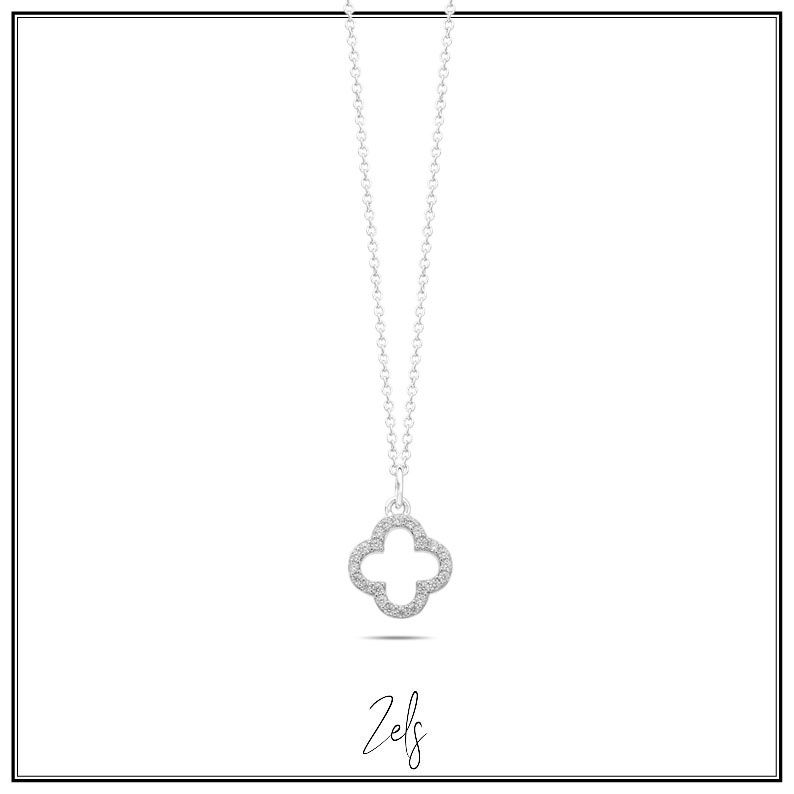 Fijne ketting met klavervier-hanger, bezet met sprankelende zirkonia