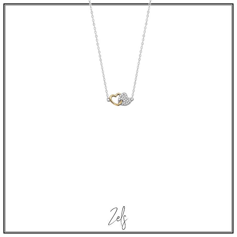 Elegant kettinkje met 2 verweven hartjes, één in goudkleur en één bezet met witte zirconia