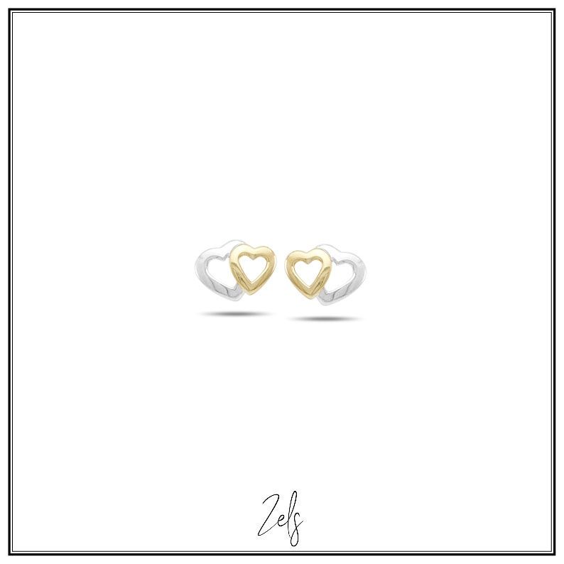 Oorbellen, knopjes met 2 in elkaar verweven hartjes, bicolor