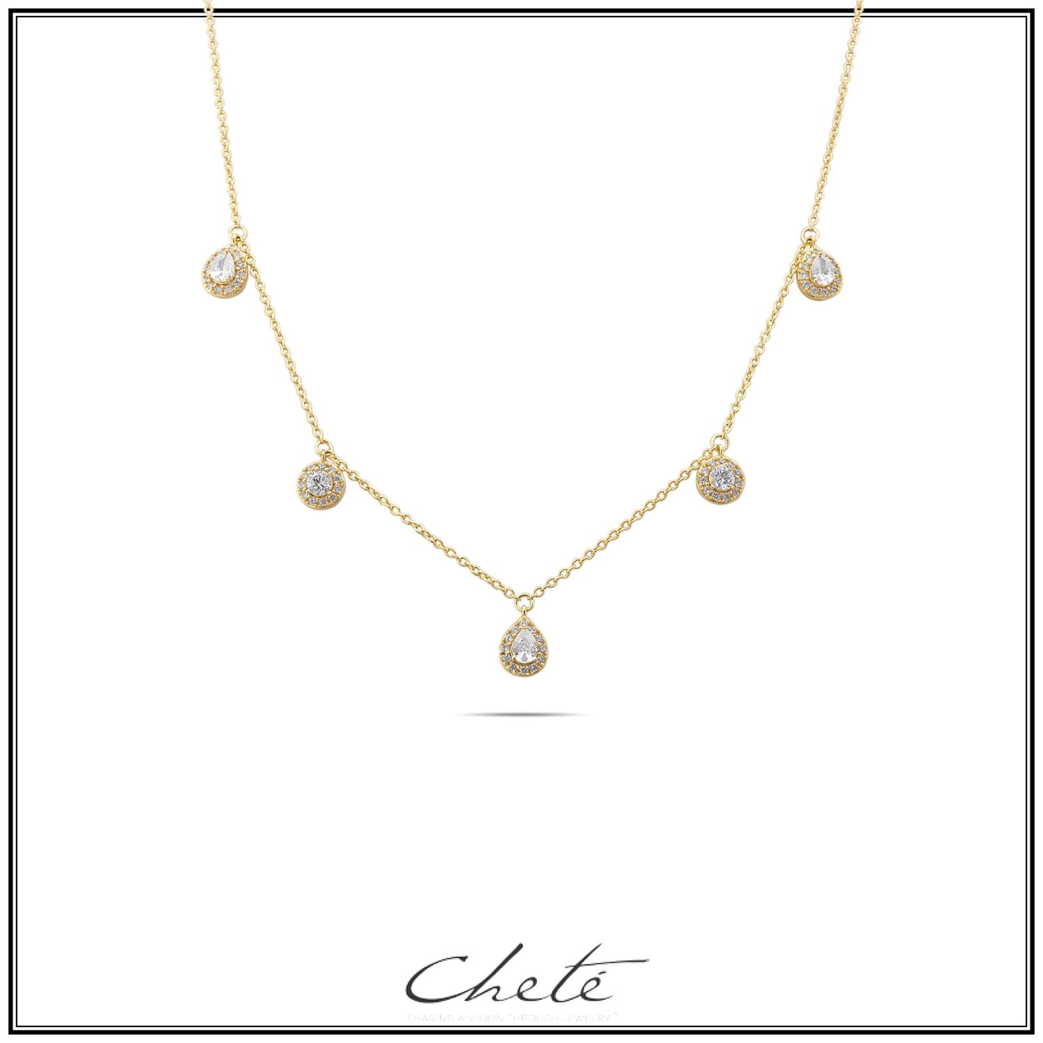 Elegante ketting met vijf druppelvormige hangertjes, met heldere zirkonia&#39;s bezet