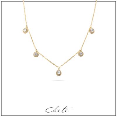 Elegante ketting met vijf druppelvormige hangertjes, met heldere zirkonia&#39;s bezet