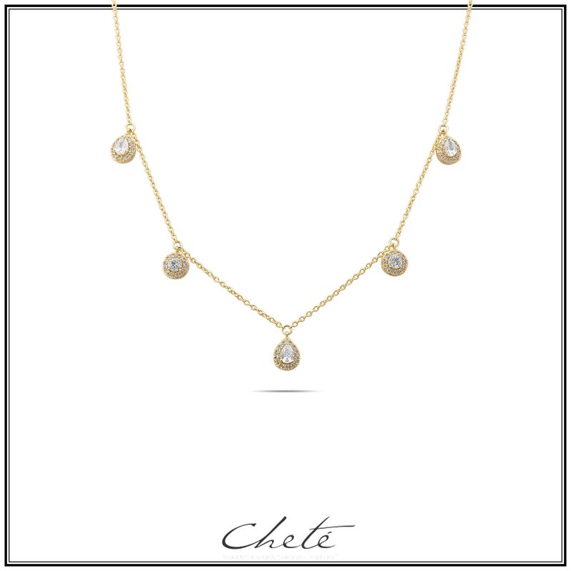 Elegante ketting met vijf druppelvormige hangertjes, met heldere zirkonia's bezet