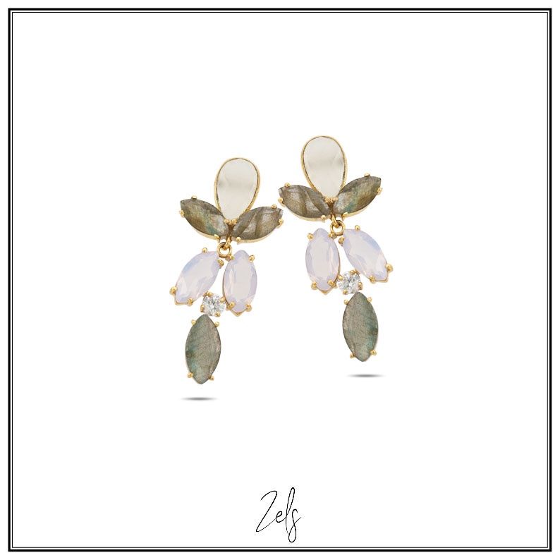 Romantische luxueuze oorbellen, mix van zachte lila en groengrijze marquise stenen