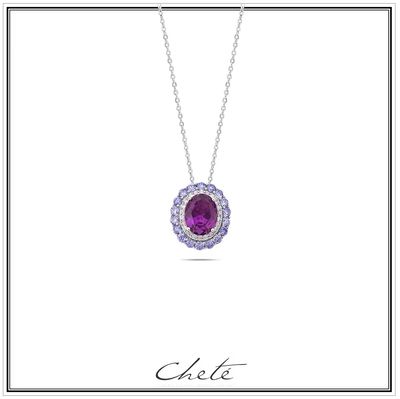 *Zilveren ketting met hanger, opvallende paarse steen, omringd door kleine zirconia crystal en paars