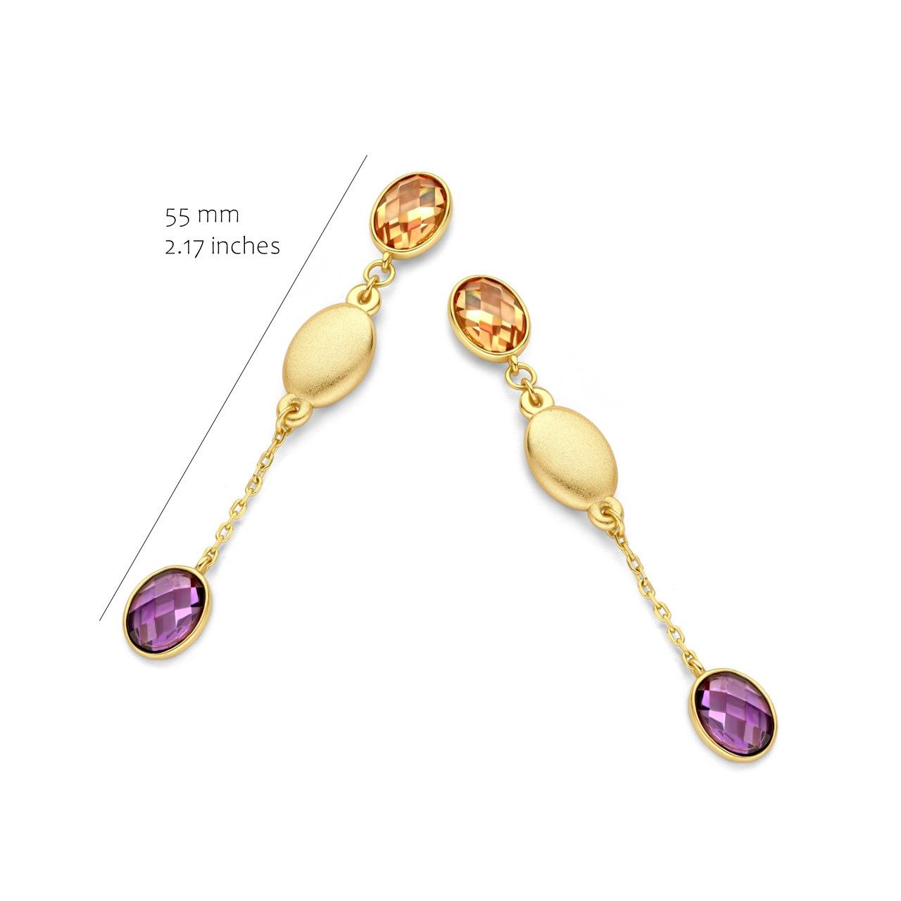 * Oorbellen mat goudkleur met amethist en champagne