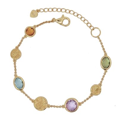 Speelse verfijnde armband met gematteerde ronde schakels en kleurrijke facetgeslepen stenen