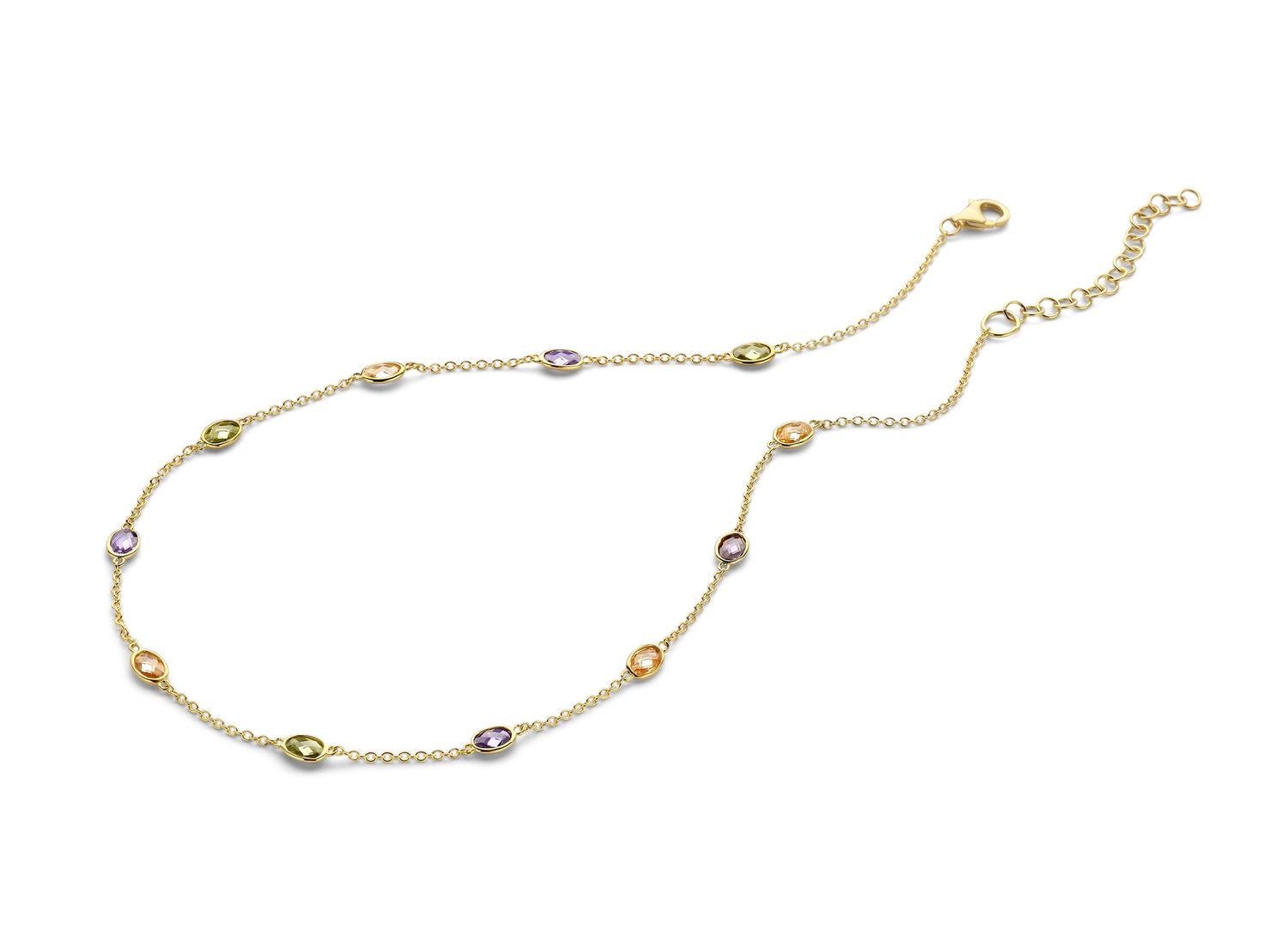Fijne ketting met subtiele kleurrijke facetgeslepen steentjes
