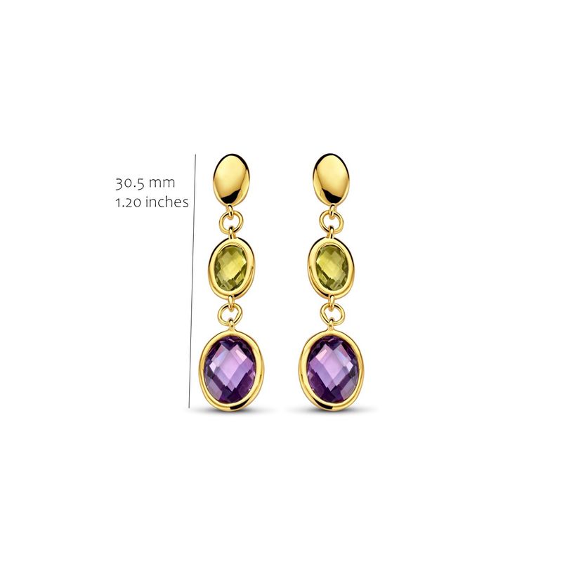Elegante oorbellen met 2 facetgeslepen stenen, groen en paars voor een warme uitstraling