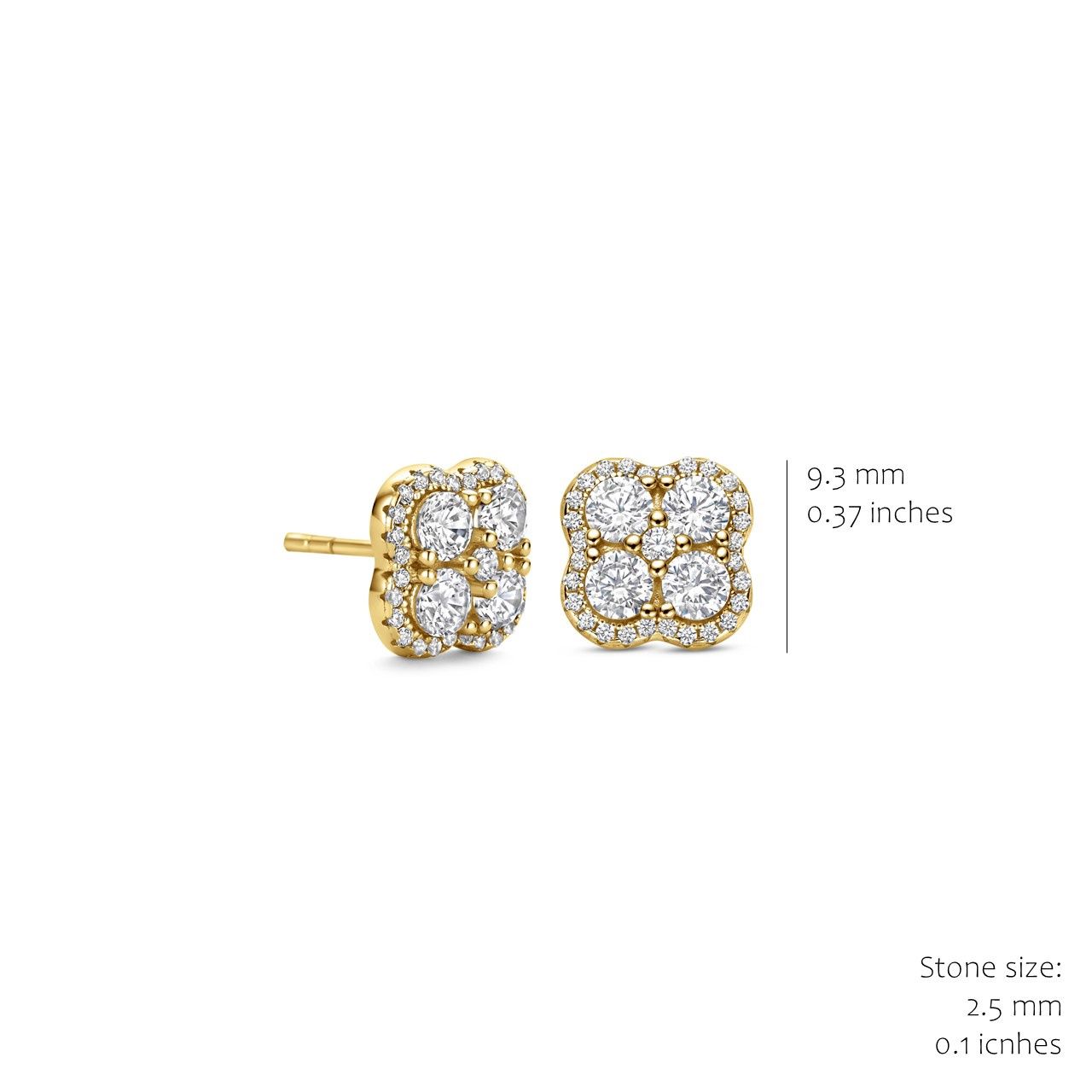 Elegante oorbellen met vier fonkelende centrale stenen omringd door een schitterende pavé-rand.