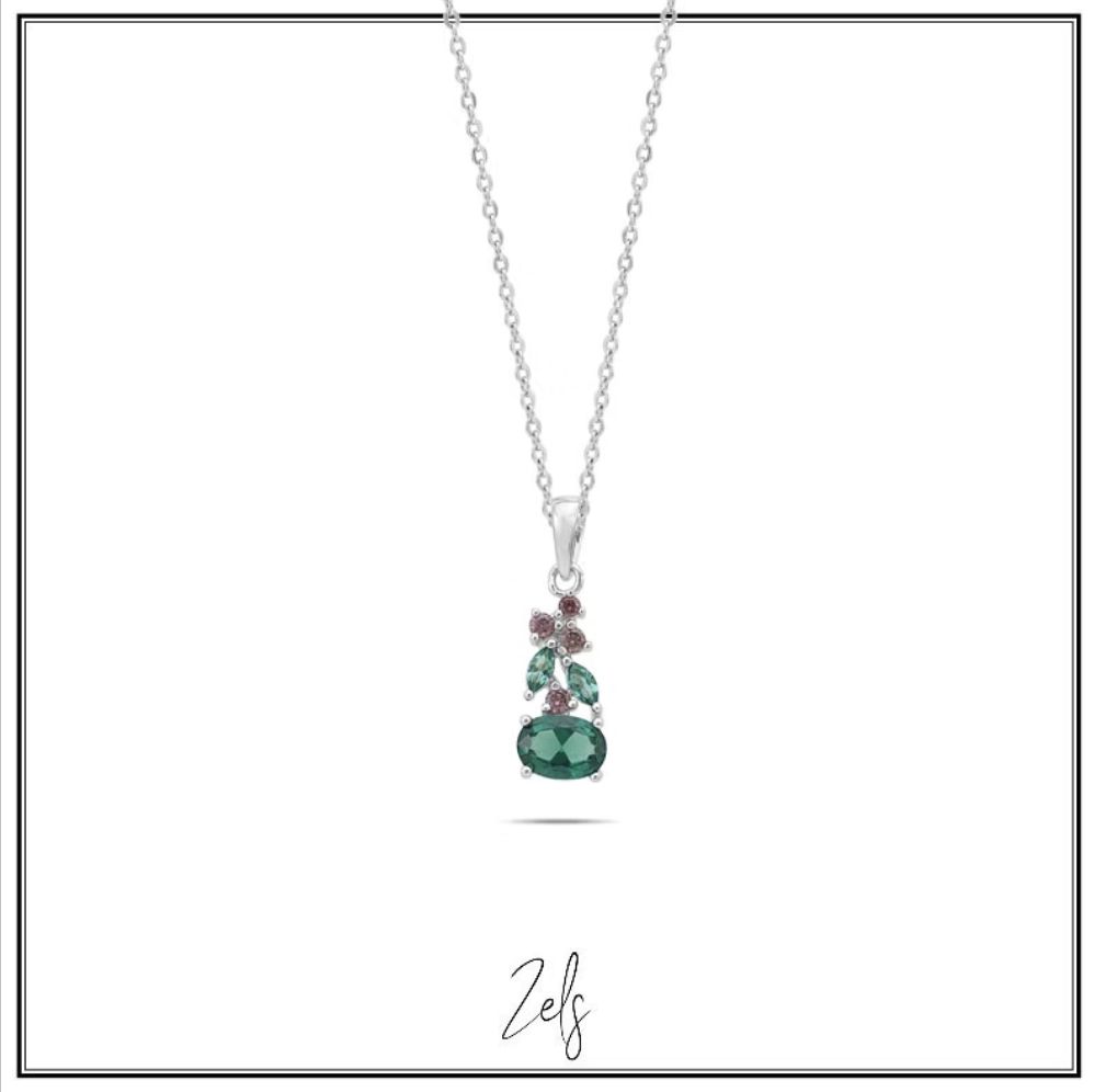 Fijne ketting met elegante hanger met sprankelende groene en licht roze zirkonia