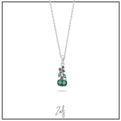 Fijne ketting met elegante hanger met sprankelende groene en licht roze zirkonia
