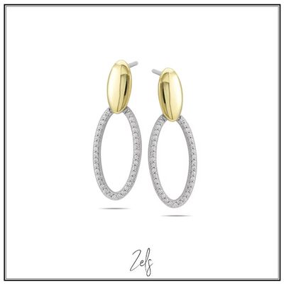 Stijlvolle oorbellen met een glanzende goudkleurige bovenkant en een elegante zilveren ovaal bezet met zirkonia