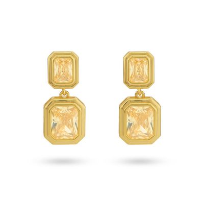 Een elegante oorbel met twee sierlijk uitgelijnde rechthoekige stenen.