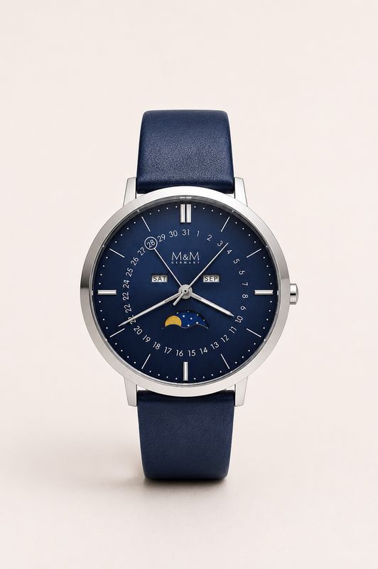 Horloge zilver kleurige wijzerkast met donker blauw lederen bandje