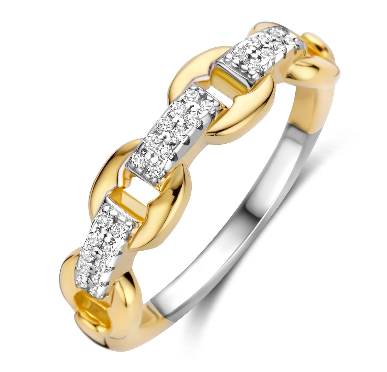 Elegante ring met schakels afgewisseld met sprankelende zirkonia accenten, Maat: 50