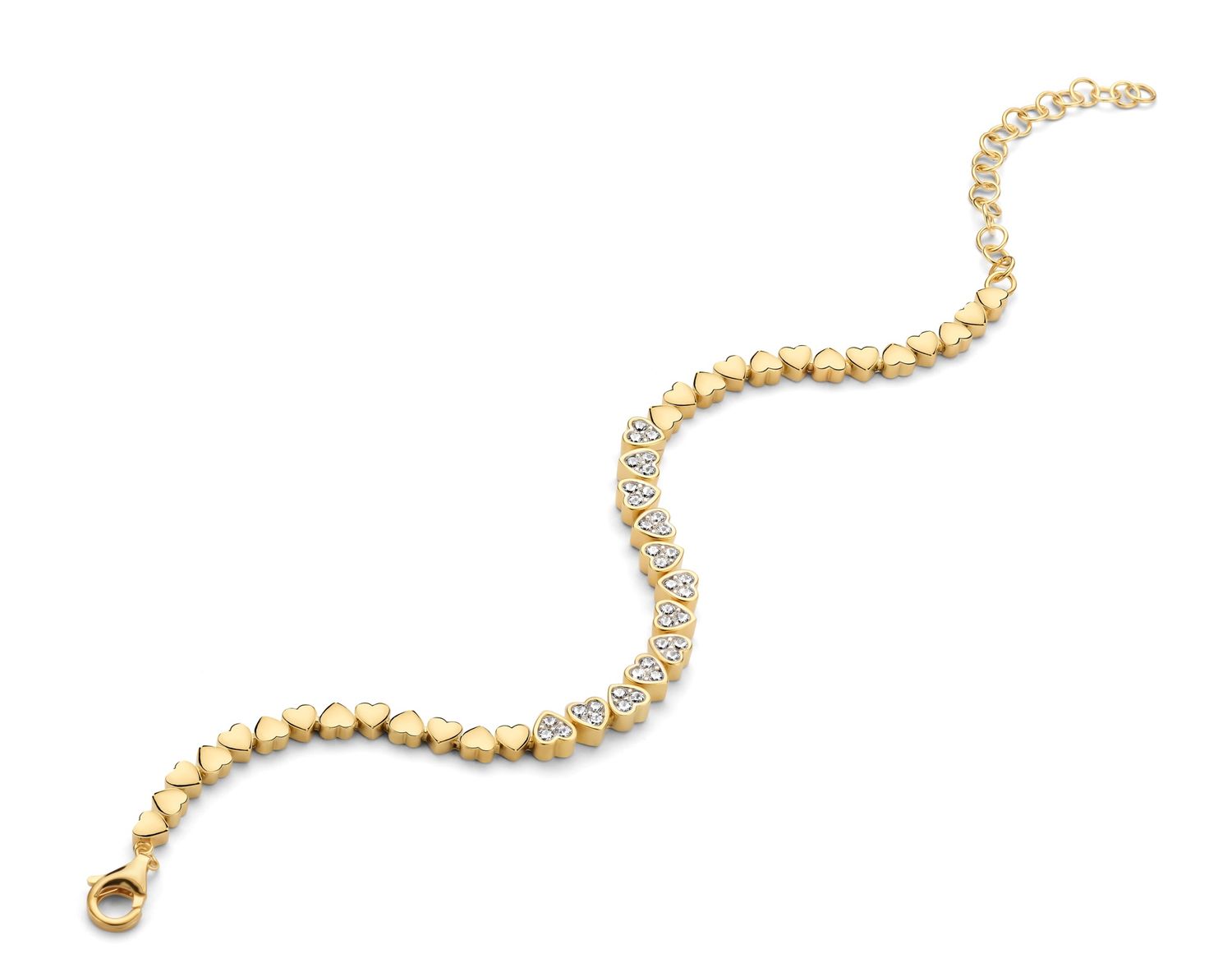Prachtige armband, volle hartjes gecombineerd met fonkelende zirkonia hartjes, Lengte: 16.5+5cm