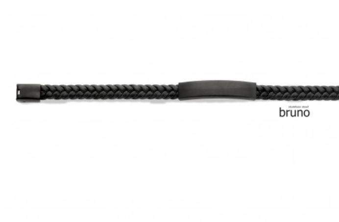 Herenarmband zwart leer met metalen sierplaat.