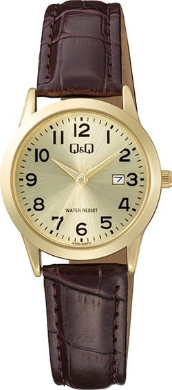 Q&amp;Q dameshorloge met goudkleurige wijzerplaat en bordeaux lederen band
