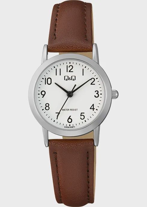 Q&amp;Q dameshorloge Witte wijzerplaat, staalkleur, bruine band