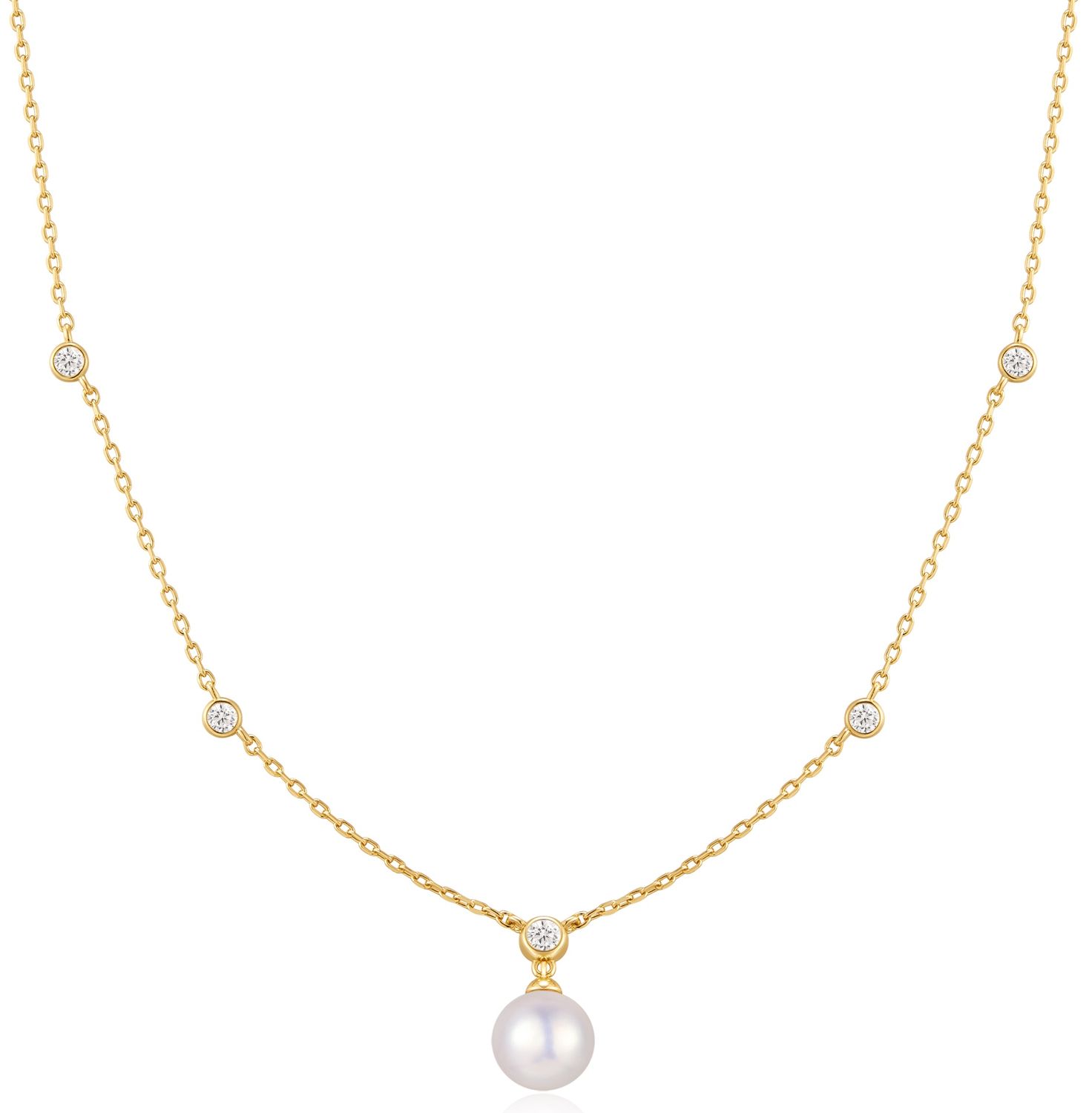 GOLD BEZEL-SET STATION NECKLACE WITH SHELL PEARL PENDANT