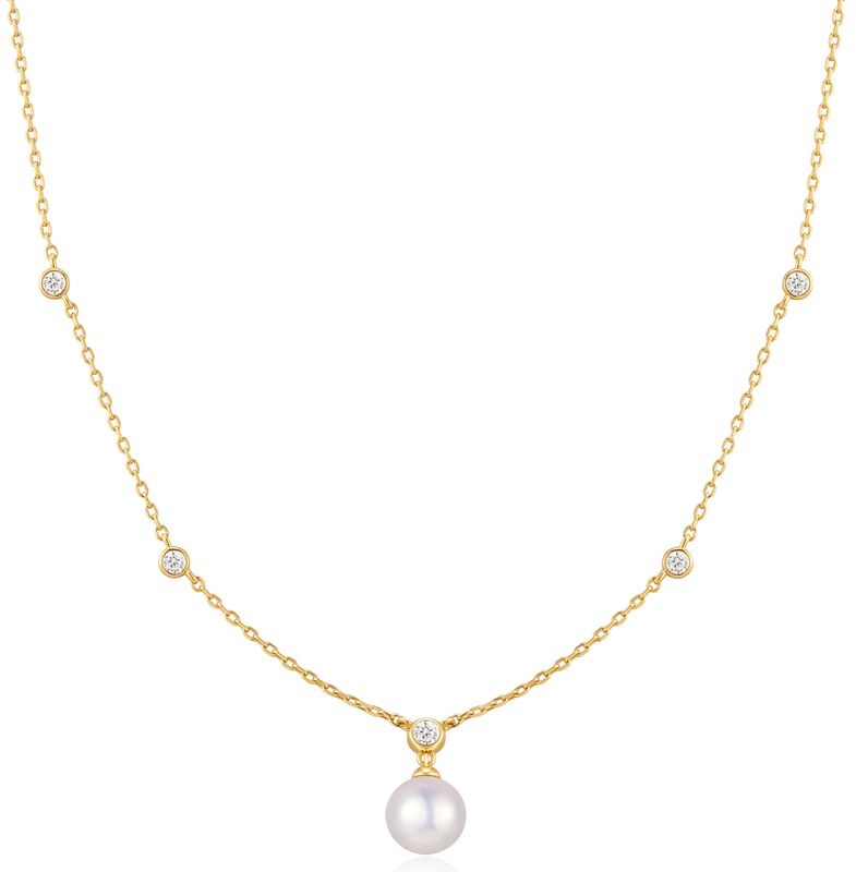 GOLD BEZEL-SET STATION NECKLACE WITH SHELL PEARL PENDANT