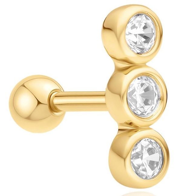 GOLD TRIPLE STONE BEZEL BARBELL SINGLE EARRING