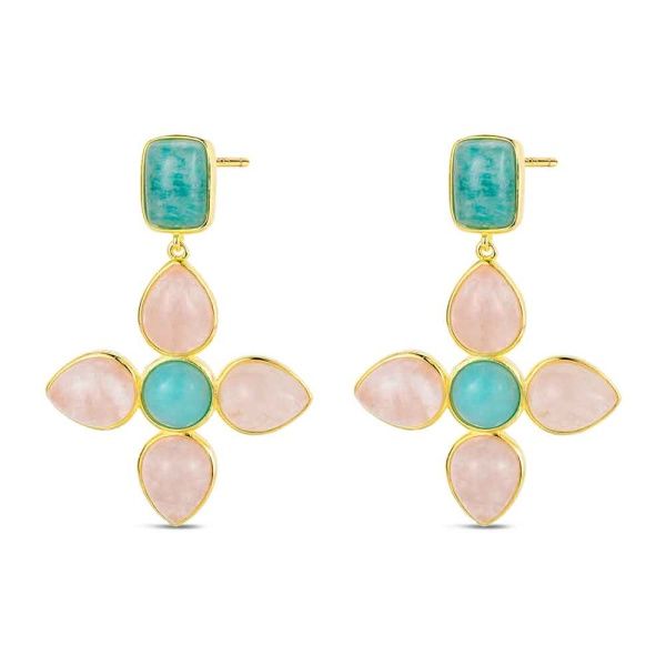 Oorbellen van amazoniet en rozenkwarts, verguld.