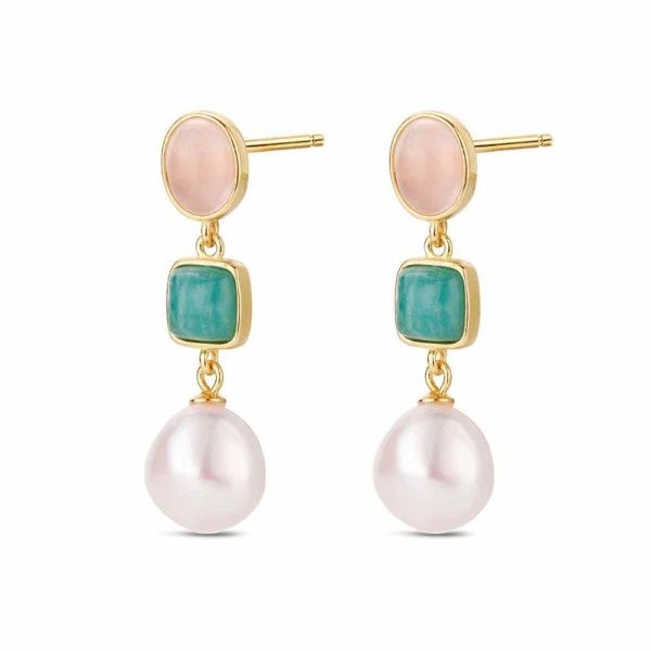 Oorbellen van natuursteen met rozenkwarts, amazoniet en barokparel, verguld