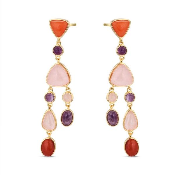 Oorbellen met rozenkwarts en natuursteen, verguld