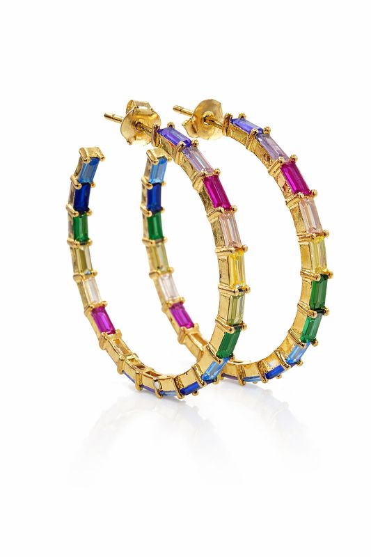 Oorringen met veelkleurige baguettes, dia 35mm, verguld