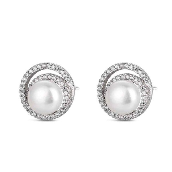 Oorbellen, knoppen met dubbele zetting, bezet met zirkonia en natuurlijke parel.