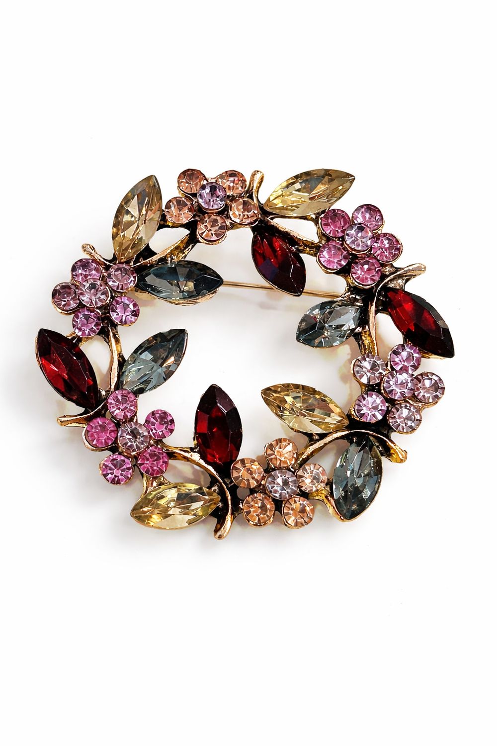 Broche, bloemenkrans met sprankelende multicorol steentjes
