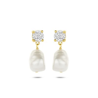 Oorbellen hangers verguld, parel en zirkonia