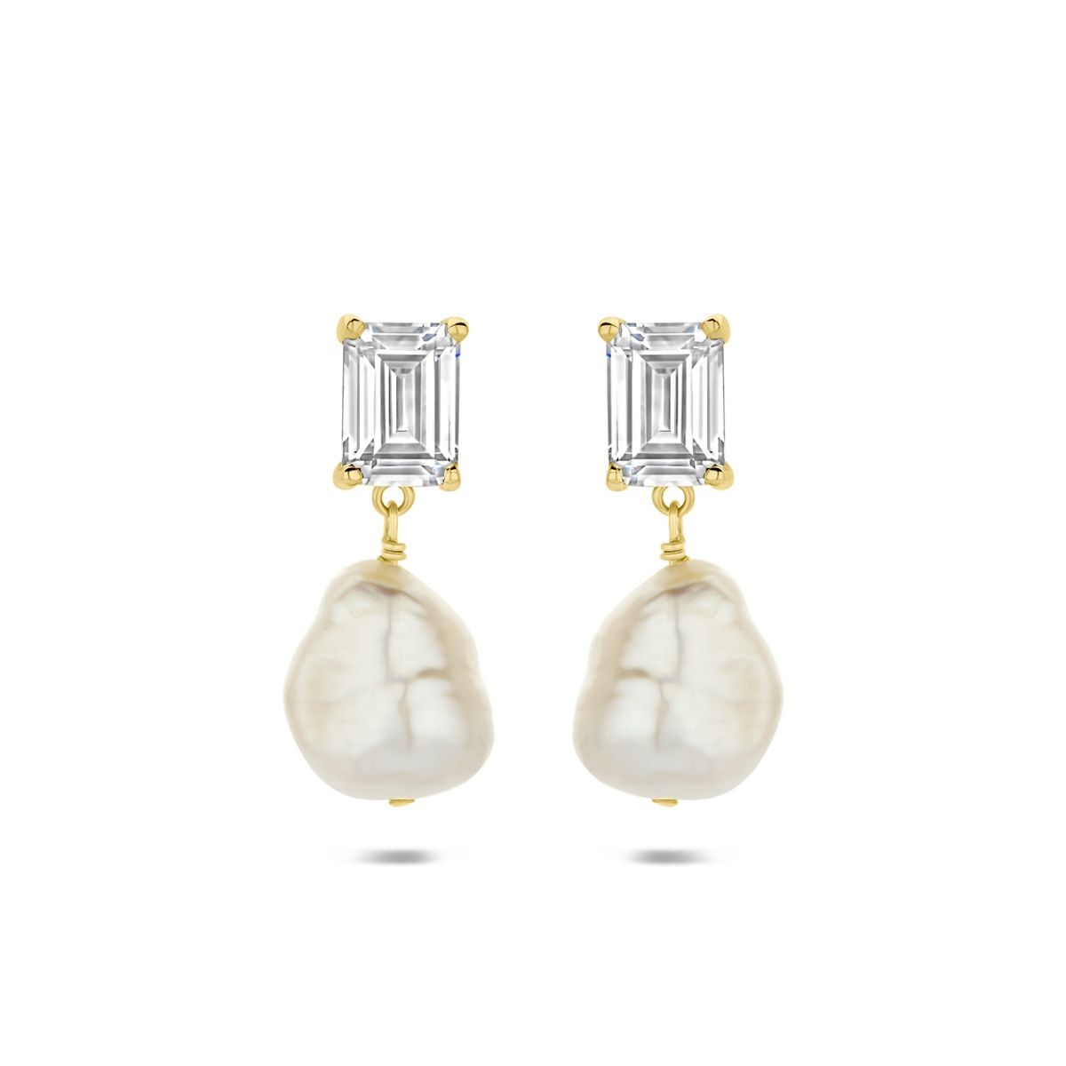 Oorbellen hangers verguld, parel en zirkonia emerald geslepen