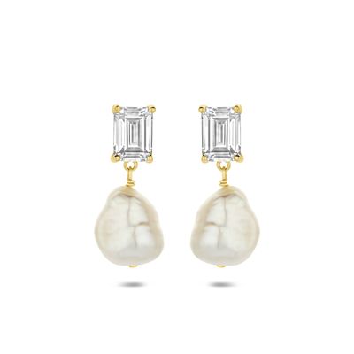 Oorbellen hangers verguld, parel en zirkonia emerald geslepen