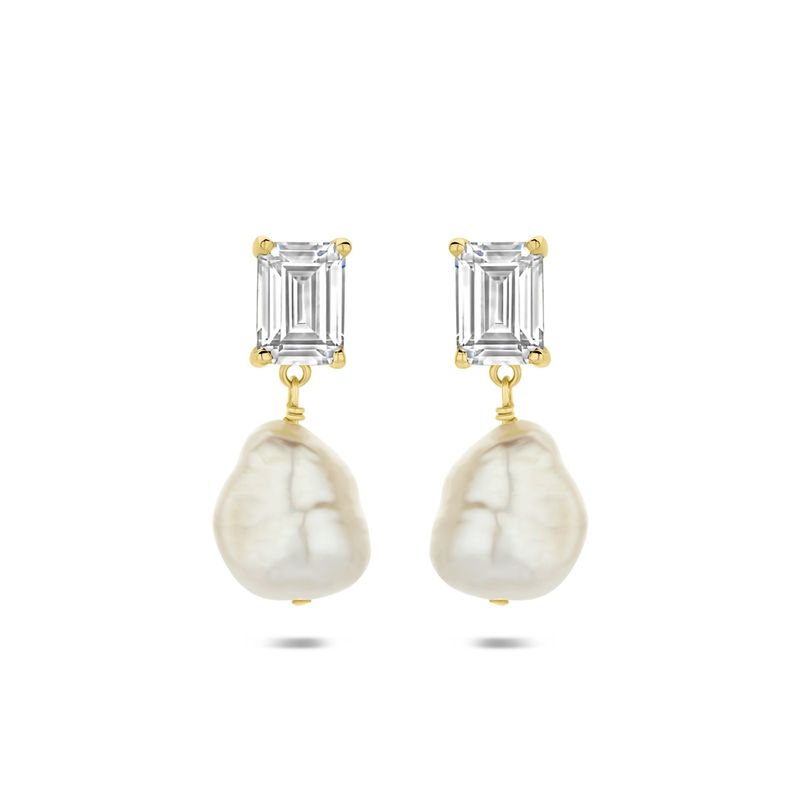 Oorbellen hangers verguld, parel en zirkonia emerald geslepen