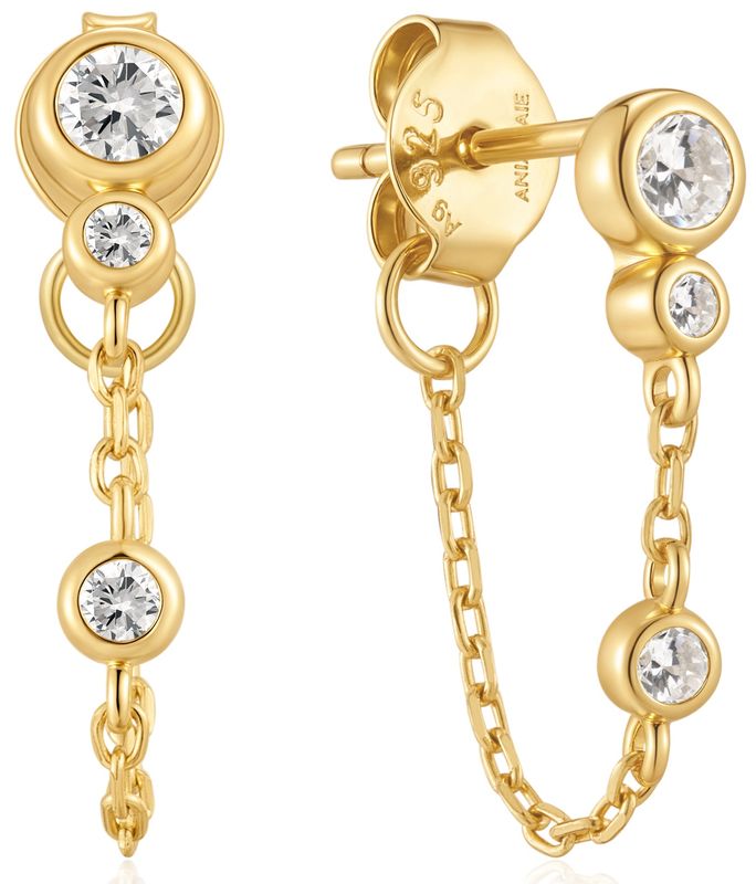 GOLD BEZEL-SET DROP CHAIN STUD EARRINGS