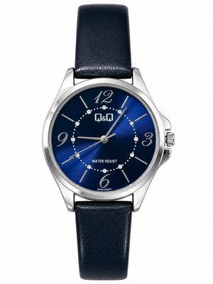 Q&amp;Q horloge, blinkend blauwe achtergrond, blauwe leder band