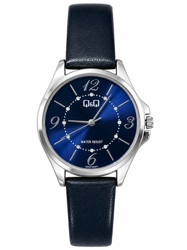 Q&amp;Q horloge, blinkend blauwe achtergrond, blauwe leder band