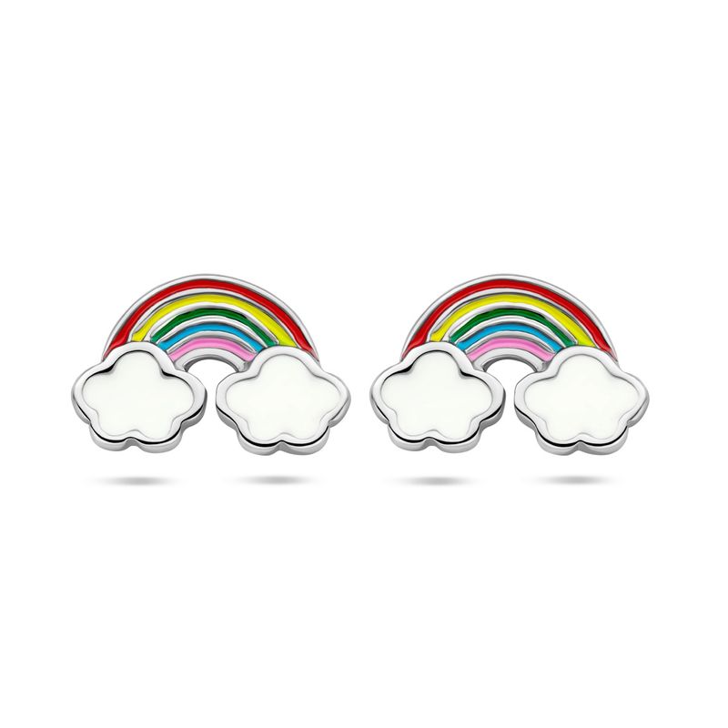 Kinder oorknoppen in de vorm van een emaille regenboog met wolken