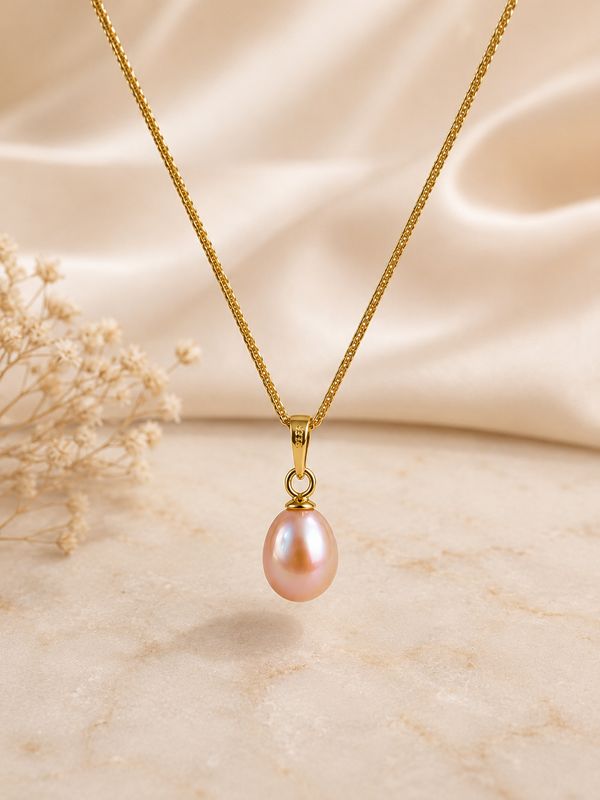 Halsketting met natuurlijke roze zoetwaterparel 7x8mm (verguld)