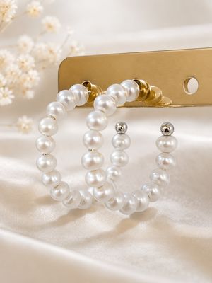Oorbellen creool 20mm met zoetwaterpareltjes, zilver