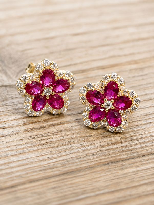 Bloemoorbellen met intens roze nano steentjes, afgewerkt met kleine fonkelende zirkonia's, verguld.