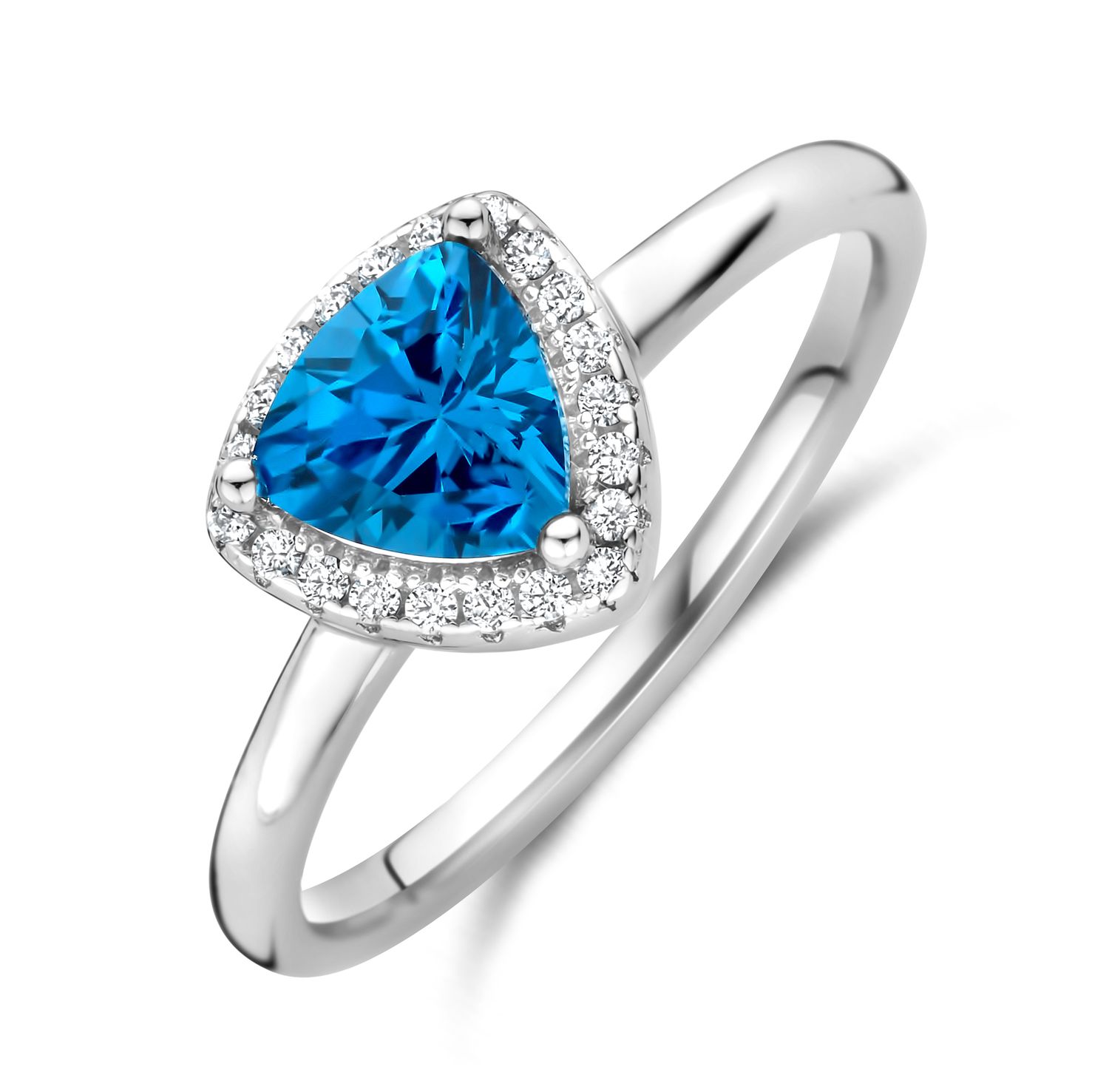 Zilveren ring met driehoekige blauwe steen, omlijst met kristallen zirkonia