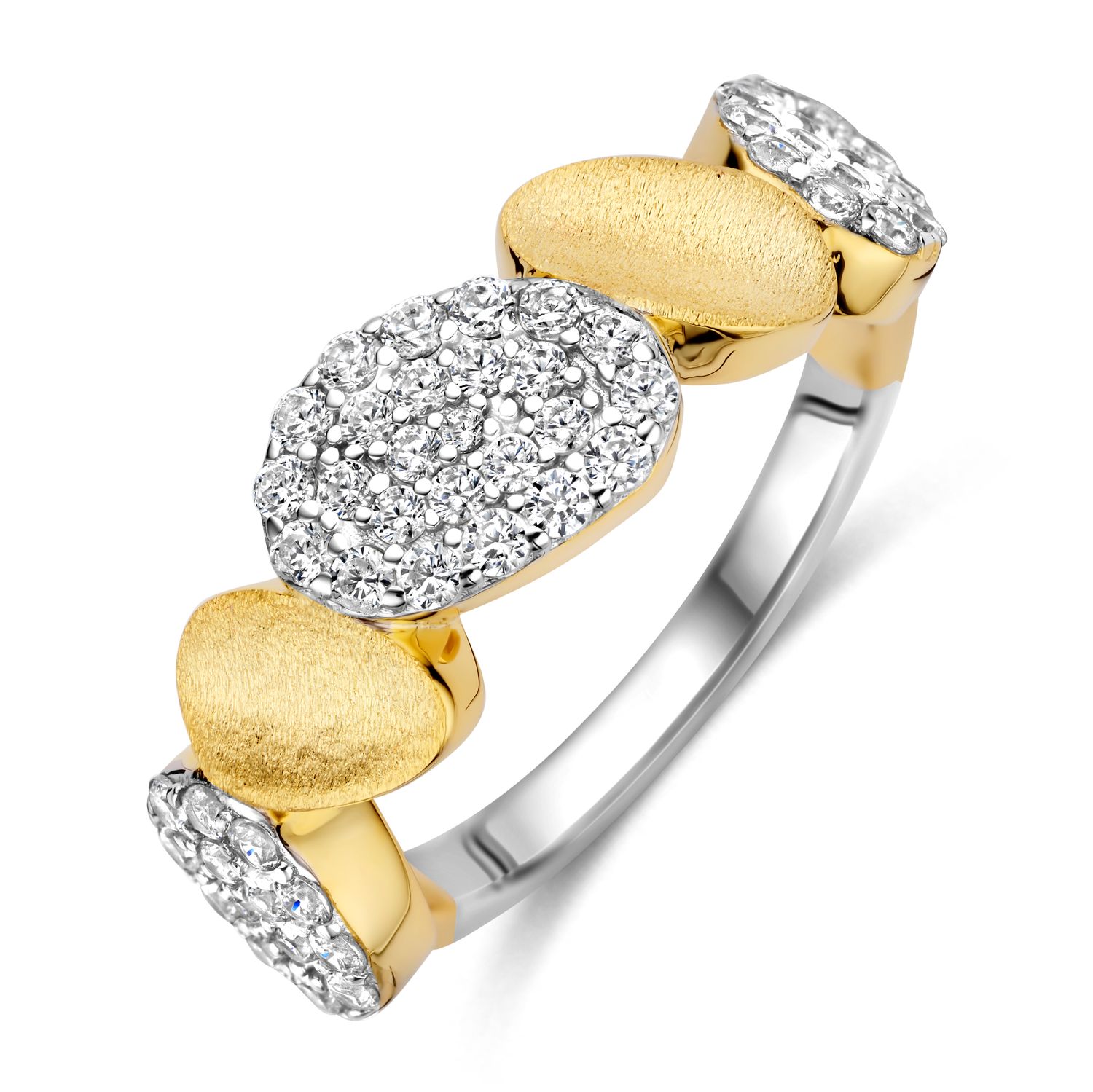 Ring met afwisselend matte en met zirkonia bezette ovale elementen