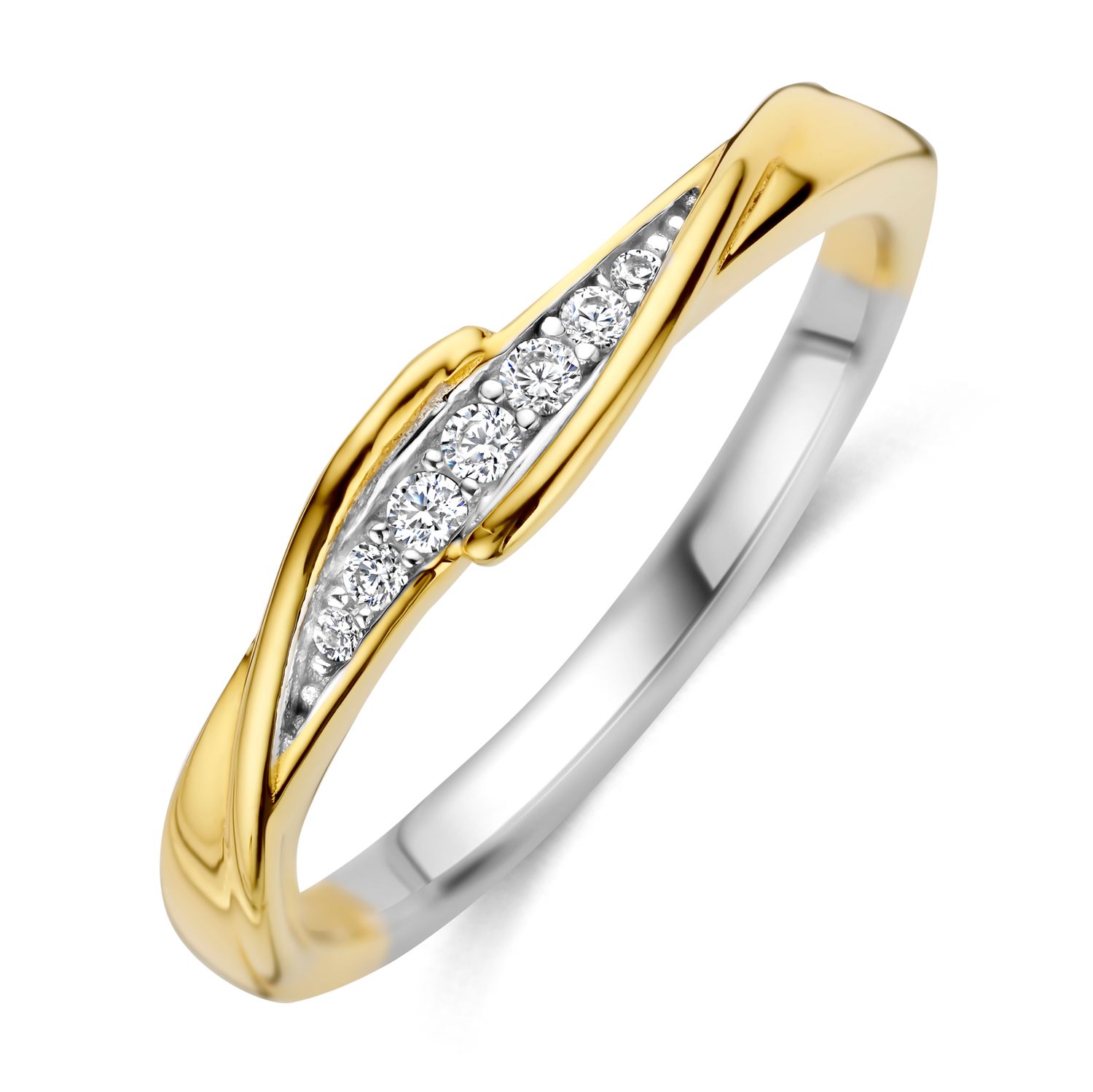Elegante ring met sierlijk gekruist ontwerp en een rij blinkende steentjes
