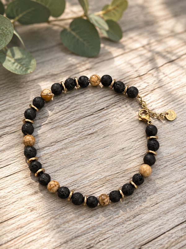 Natuursteenarmband op goudkleurig kettinkje met slot. Lava en Picture Jasper